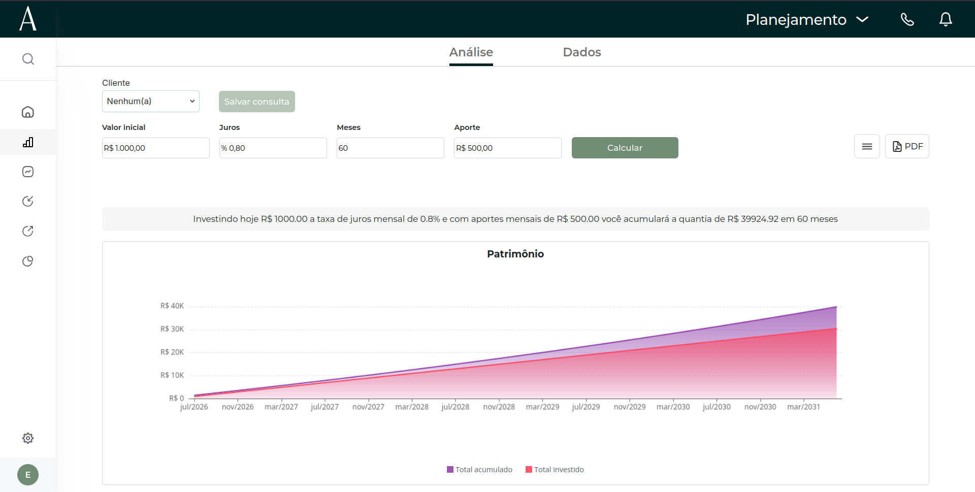 Tela de Planejamento Financeiro no Atlas